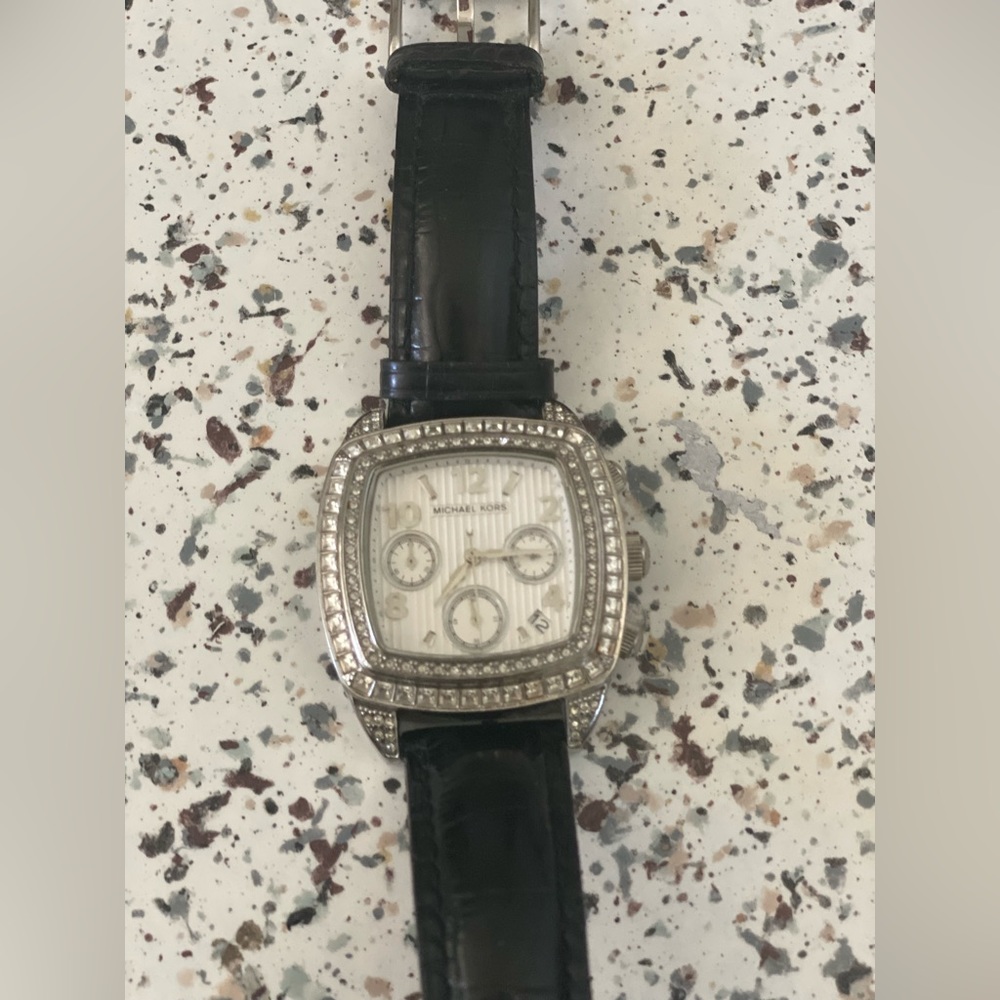 Michael Kors diamond studded black leather watch
